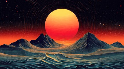 Wall Mural - alien planet sunset, mountains, digital art, cosmic background, album cover