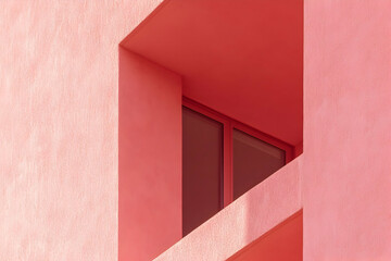 Poster - Minimalist architecture photography showcasing geometric shapes and a window recess in shades of pink, perfect for abstract or design-related projects