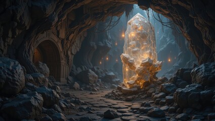 Wall Mural - Glowing Crystal Surrounded by Rocks in a Mysterious Cave with Ambient Lighting