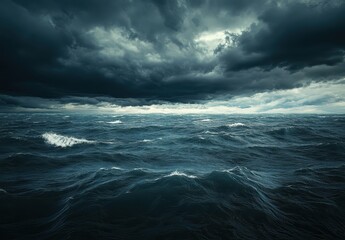 Poster - Dark and Stormy Ocean Waves Under Heavy Clouds with a Dramatic Sky, Capturing the Essence of Nature's Power and Beauty in Turbulent Conditions