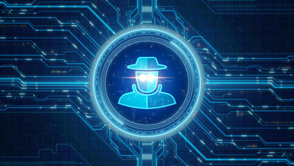 Illustration of a digital hacker with circuit patterns in the background, symbolizing cybersecurity and technology.