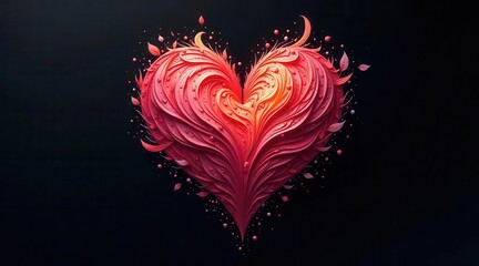 Wall Mural - intricate heart shaped floral design with delicate red and orange hues on dark background