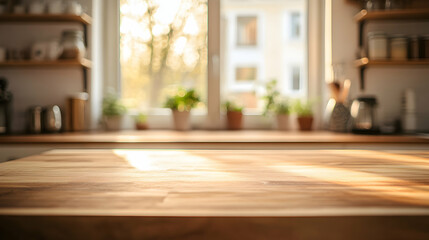 Poster - Wooden Tabletop with Blurred Kitchen Background, An inviting scene with a warm wooden surface contrasted against a bright, out-of-focus kitchen setting