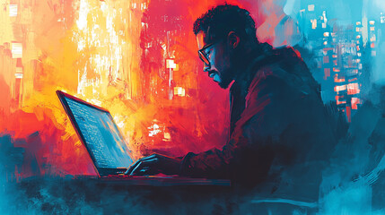 Abstract digital artist working on laptop at night colorful cityscape background red man blue style