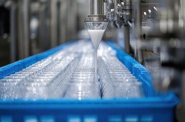 Poster - Efficient process of filling clear glass bottles with liquid in a modern production facility, showcasing machinery and precision technology in action