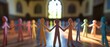 © Fernando - Colorful paper cutout people holding hands in a circle indoors, symbolizing unity, diversity, and community in a church or religious building