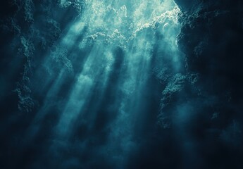 Poster - Ethereal Underwater Light Rays Illuminating Deep Ocean Water with Bubbles and Dark Background Creates a Tranquil and Mystical Atmosphere for Nature Lovers