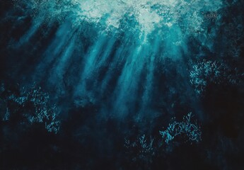 Poster - Ethereal Underwater Scene with Sunlight Rays Illuminating Coral Reef and Soft Ocean Floor in Shades of Blue and Green