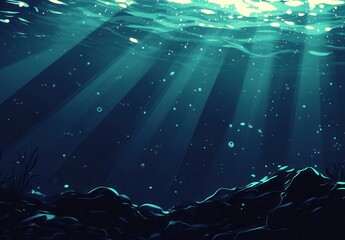 Poster - Ethereal Underwater Scene with Sunlight Shining Through Water Surface and Bubbles Floating in Deep Ocean Environment