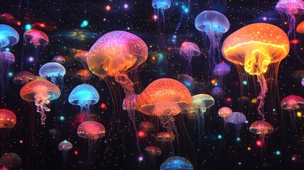 Wall Mural - a bioluminescent jellyfish floating in an ocean of glowing colors