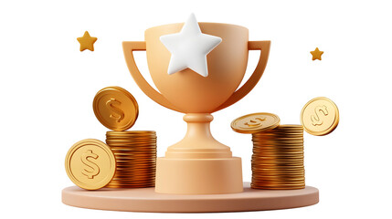 Aufkleber - A 3D rendered financial achievement concept featuring a gleaming golden trophy with a white star floating above neatly stacked gold coins  The coins are arranged in an increasing order