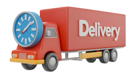 Aufkleber - Futuristic 3D rendered delivery truck concept featuring a sleek red vehicle with an integrated clock in the front wheel symbolizing real time tracking and efficient express logistics