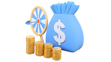 Poster - Futuristic 3D Rendered Financial Growth Concept Displaying Shiny Blue Money Bag with Prominent White Dollar Sign Neatly Stacked Gold Coins and Dartboard with Dart Hitting the Center