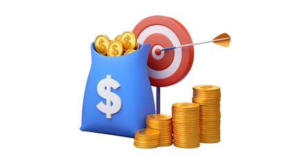 Poster - A 3D rendered financial strategy concept featuring a vibrant blue money bag with a white dollar sign a collection of gold coins and a bullseye dartboard with a dart perfectly aimed at the center