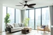 © Creative Design - Modern Living Room with Dark Brown Ceiling Fan, City View, and Beige Sofa