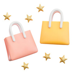 Poster - A modern and minimalist 3D rendered shopping concept featuring two vibrant shopping bags in pink and yellow  floating gracefully with sleek  rounded designs and glossy white handles