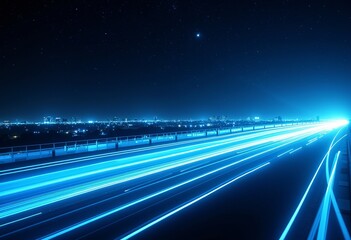 Fototapete - Abstract Technology Speed: A Dynamic Background Featuring Blue Light Trails, Stars, and High-Speed Roads in Space, Designed to Evoke Concepts of Futuristic Innovation, Technological Advancement, and R