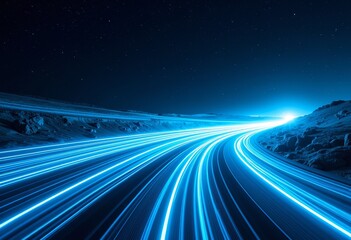 Fototapete - High-Speed Space Road: A Futuristic Background Featuring Abstract Blue Light Speed Trails and Glowing Lines Among Stars, Ideal for Technology Designs, Space Themes, and Concepts of Rapid Advancement.
