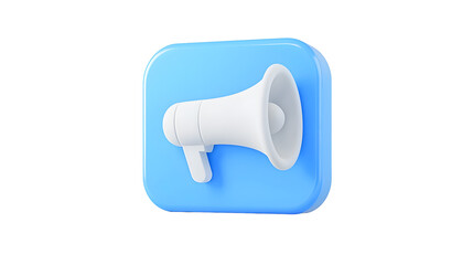 Fototapete - Sleek and modern 3D rendered icon featuring a blue speech bubble with a white megaphone designed for media broadcasting public announcements and digital communication