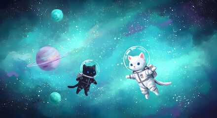 Wall Mural - Astronaut cats floating in space.
