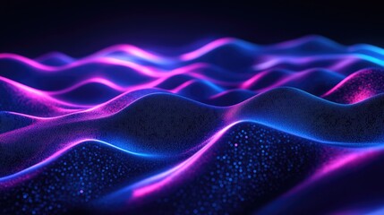 Poster - D digital waves traveling across the screen, glowing softly with neon colors, leaving plenty of space for text or logos.