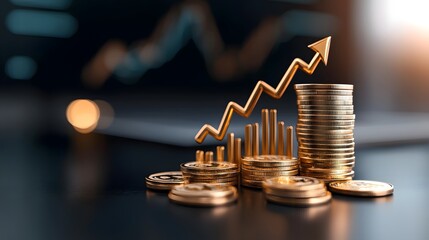 Aufkleber - Futuristic digital finance concept featuring golden upward arrows rising 3D bar charts and stacked gold coins floating above a circular futuristic base