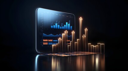 Aufkleber - Sleek Futuristic Financial Analytics Interface with Floating Digital Charts and Neon Arrows Highlighting Investment Trends Business Success and Financial Market Progress