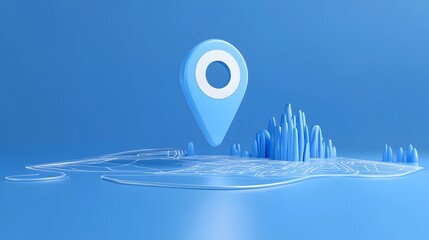 Poster - A 3D rendered image of a glowing location pin icon on a futuristic blue map background symbolizing concepts of digital wayfinding technology