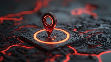 Aufkleber - Detailed 3D rendered virtual GPS location pin or marker icon casting a dynamic shadow over a digital city map interface enhanced with glowing search and data visualization elements