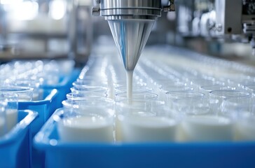 Poster - Industrial milk processing with automated machinery filling cups on production line in dairy factory showcasing modern food technology and hygiene standards.