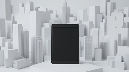 Poster - A D model of a digital tablet, with clean reflections and sharp edges, surrounded by ample empty space for text.