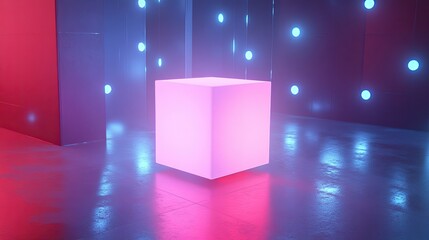 Poster - A D object shifting in a sequence, glowing with digital light effects, surrounded by clean space for copy.