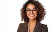 © FestiveMelodies - Happy Businesswoman with Curly Hair and Glasses Smiling Brightly