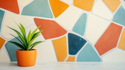 Poster - Construction Glass Aggregates Concept, Artistic Wall Panels Featuring Recycled Glass Aggregate in Vibrant Colors with Potted Plant Accent
