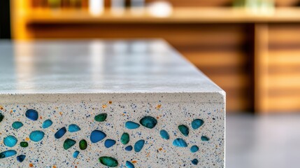 Poster - Construction Glass Aggregates Concept, Polished Concrete Countertop with Embedded Stones in Modern Kitchen Setting