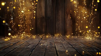 Poster - A festive scene with golden fairy lights draped elegantly over a wooden surface, softly glowing in a warm ambiance.