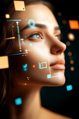Poster - Modern Woman Portrait with Futuristic Digital Overlays and Tech Elements on Dark Background