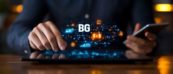Poster - Person Using Tablet While Interacting with Digital Interface and Icons Representing Technology Innovation and Connectivity