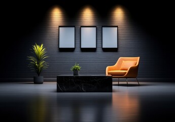 Poster - Stylish modern interior with orange chair, potted plants, and empty frames in a dimly lit contemporary space