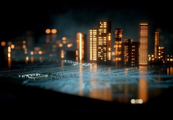 Poster - Futuristic City Skyline with Illuminated Buildings on Circuit Board Background at Night