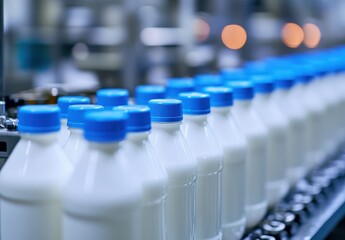 Poster - Rows of Fresh Milk Bottles on an Industrial Production Line with Blurred Background and Soft Bokeh Lights in a Dairy Processing Facility