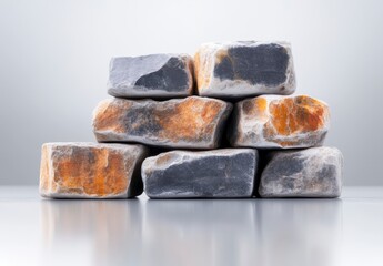 Poster - Pile of Natural Rock Blocks Displaying Texture and Color Variation on Reflective Surface in Studio Setting