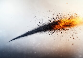 Poster - Fiery Meteor Trail with Explosive Dust Clouds and Dark Particles Against a Soft Gradient Background