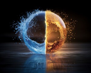 Poster - Stunning Visual of Half Water Half Fire Elemental Sphere with Splashes and Reflections in Dark Background