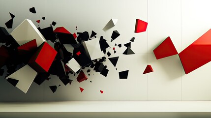 Poster - D animated geometric figures breaking apart and reassembling in a dynamic motion, surrounded by an empty space for design.