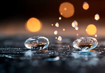 Poster - Close-Up of Water Droplets on Surface with Soft Background Lights Creating a Dreamy and Abstract Effect
