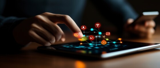 Poster - Finger Touching Tablet Screen with Colorful Digital Icons Representing Technology and Communication Concepts