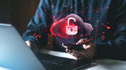 Poster - hacker with unlocked padlock on cloud.