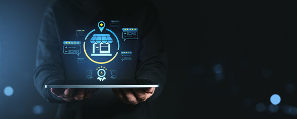 Poster - Online shopping concept with store icon on tablet screen.