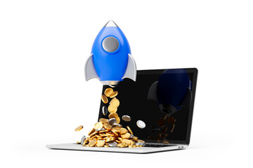 Poster - blue rocket launching from laptop with gold and silver coins. 3d rendering